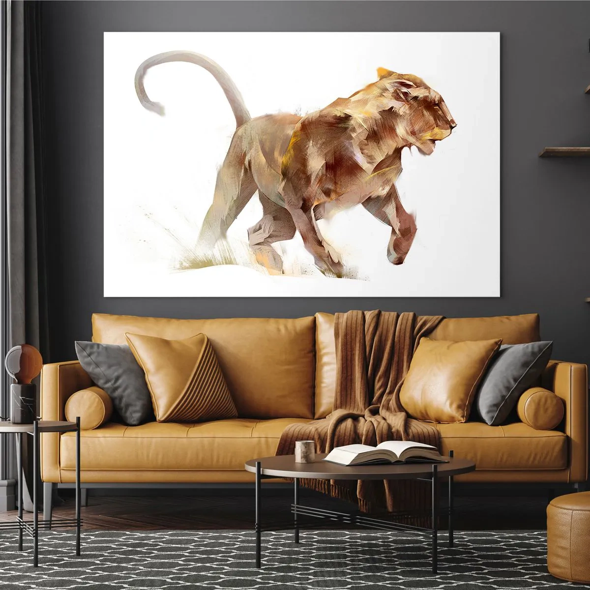 Glastavla - Bild på glas - Dynamisk silhuett av ett lejon i konstnärlig stil på vit bakgrund - 70x50cm - Vild grace - Modern väggdekoration för vardagsrum och sovrum ARTTOR