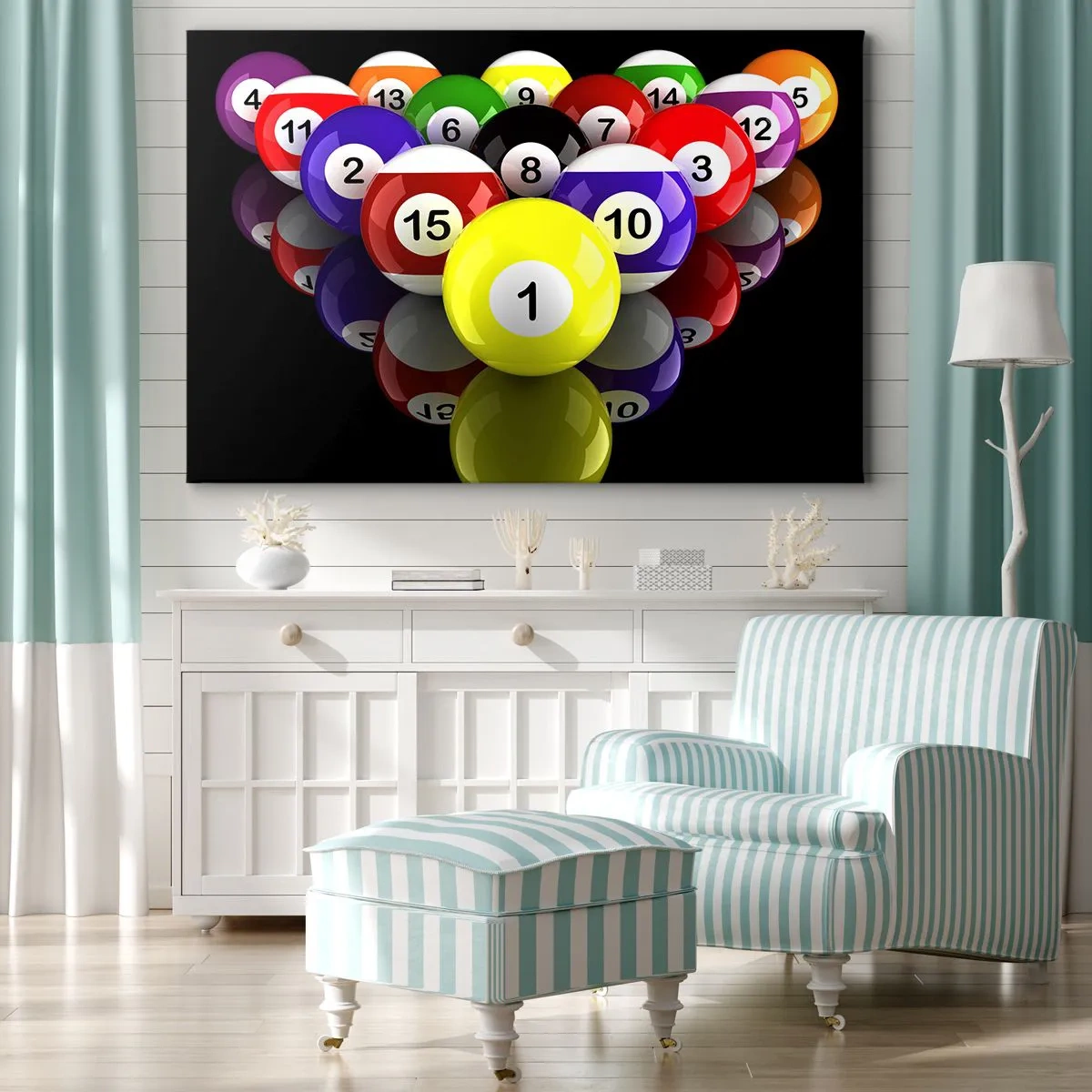 Canvastavla - Bild på duk - Färgglada biljardbollar arrangerade i en triangel på svart bakgrund - 70x50cm - Olika spelfärger - Modern väggdekoration för vardagsrum och sovrum ARTTOR