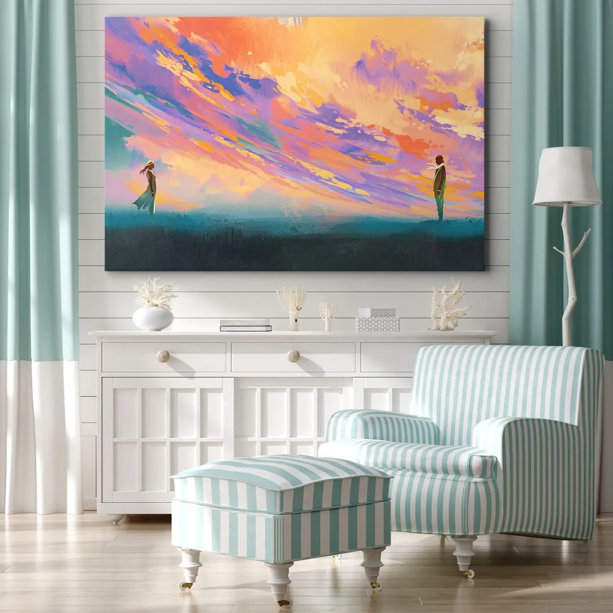 Canvastavla - Bild på duk - En dynamisk scen med figurer mot en färgglad solnedgångshimmel - 70x50cm - Dragkraft - Modern väggdekoration för vardagsrum och sovrum ARTTOR