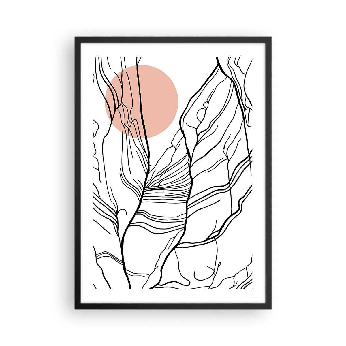 Affisch i svart ram - Minimalistisk linjeteckning med en rosa cirkel i bakgrunden - 50x70cm - I grenarnas nät - Modern väggdekoration för vardagsrum och sovrum ARTTOR
