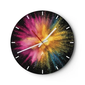 Väggklocka - Klocka på glas - En väggklocka i form av en rund klocka på glas med effekten av en explosion av färgat damm i nyanser av rosa, gult och blått mot en svart bakgrund. - 30x30cm - Färgerna föds