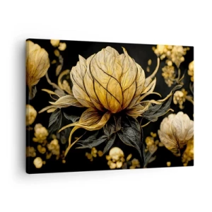 Canvastavla - Bild på duk - Gyllene blomma på en mörk bakgrund - 70x50cm - Subtil skörhet - Modern väggdekoration för vardagsrum och sovrum ARTTOR