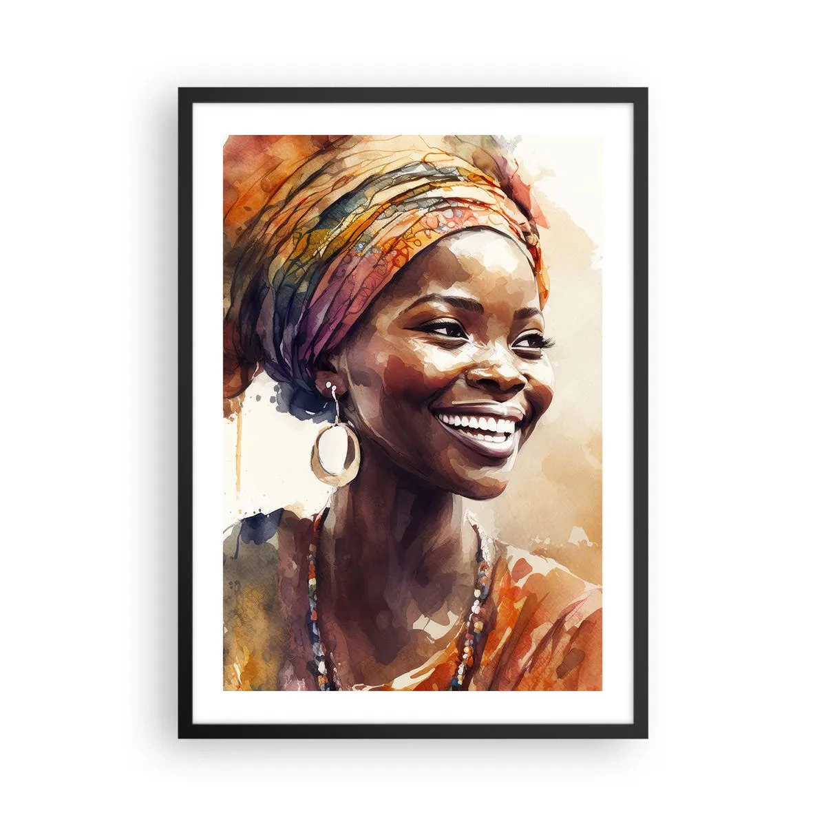 Affisch i svart ram - Porträtt av en leende kvinna i en färgglad turban - 50x70cm - Afrikansk drottning - Modern väggdekoration för vardagsrum och sovrum ARTTOR