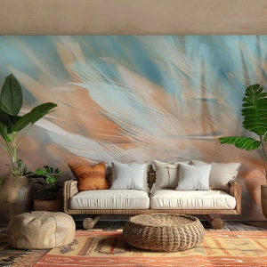 Fototapet Standard Eco - Fina fjädrar i pastellfärgade nyanser av blått och persika - 100x70cm - I mildhetens land - Modern väggdekoration för vardagsrum och sovrum ARTTOR