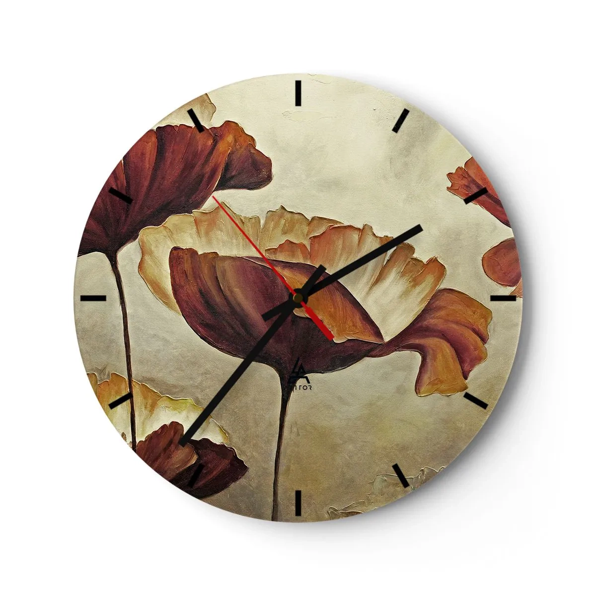 Väggklocka - Klocka på glas - Konstnärligt blommotiv i varma bruna och beige toner - 30x30cm - Ängsblommor - Modern väggdekoration för vardagsrum, kök och sovrum ARTTOR