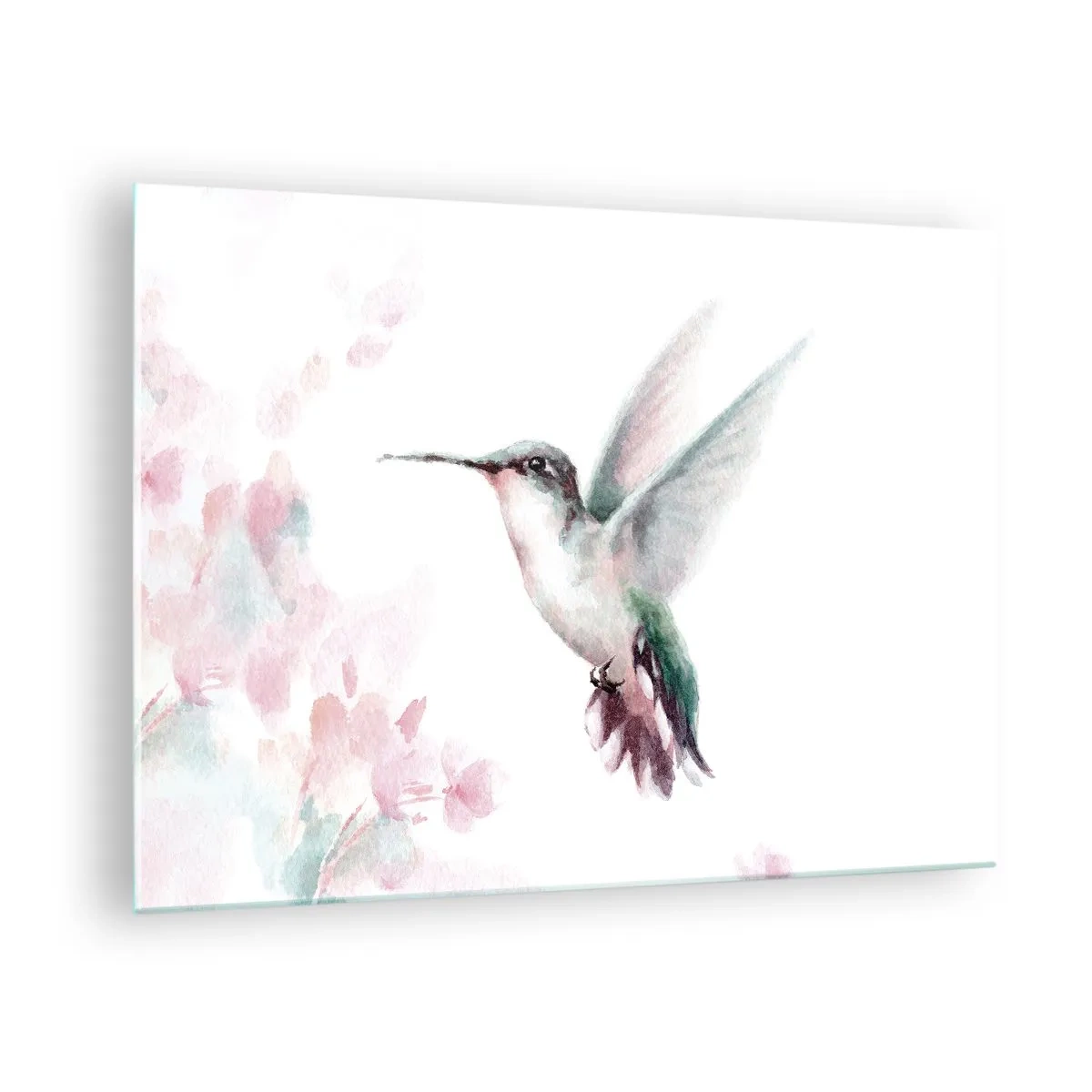 Glastavla - Bild på glas - Färgglad kolibri i delikat akvarell - 70x50cm - Fångad flaxande - Modern väggdekoration för vardagsrum och sovrum ARTTOR