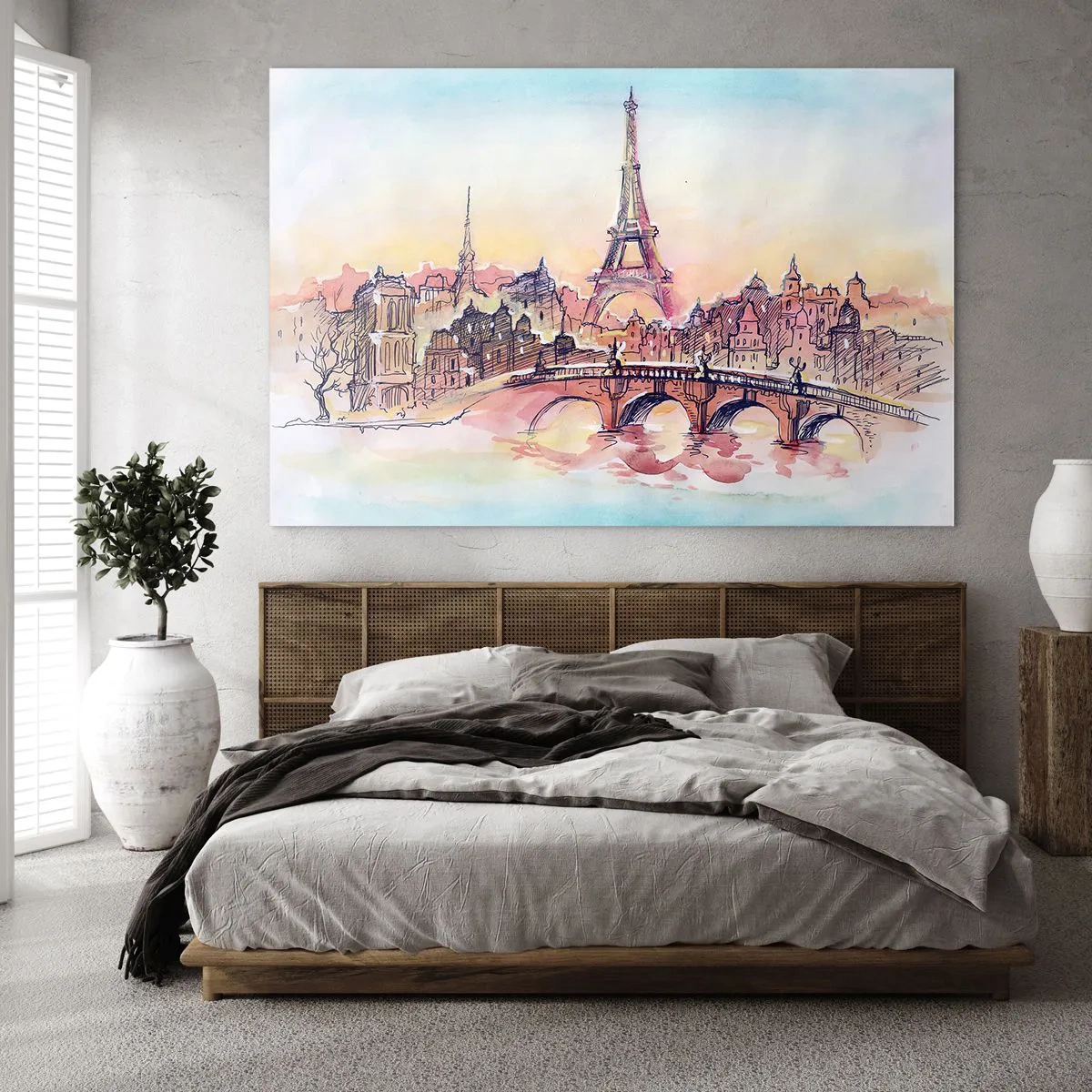 Glastavla - Bild på glas - Ett panorama över Paris med Eiffeltornet i en delikat akvarellstil - 70x50cm - Den enda staden av denna art i världen - Modern väggdekoration för vardagsrum och sovrum ARTTOR