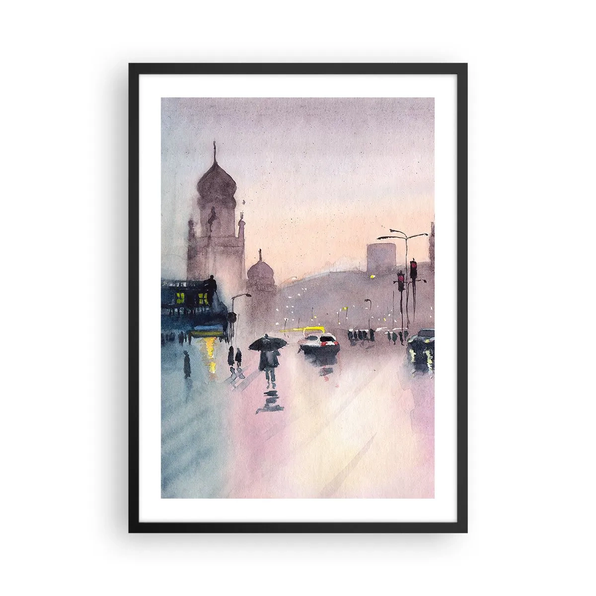 Affisch i svart ram - Stadsbild med silhuetter av människor och ljus i regndimman - 50x70cm - I regnig dimma - Modern väggdekoration för vardagsrum och sovrum ARTTOR