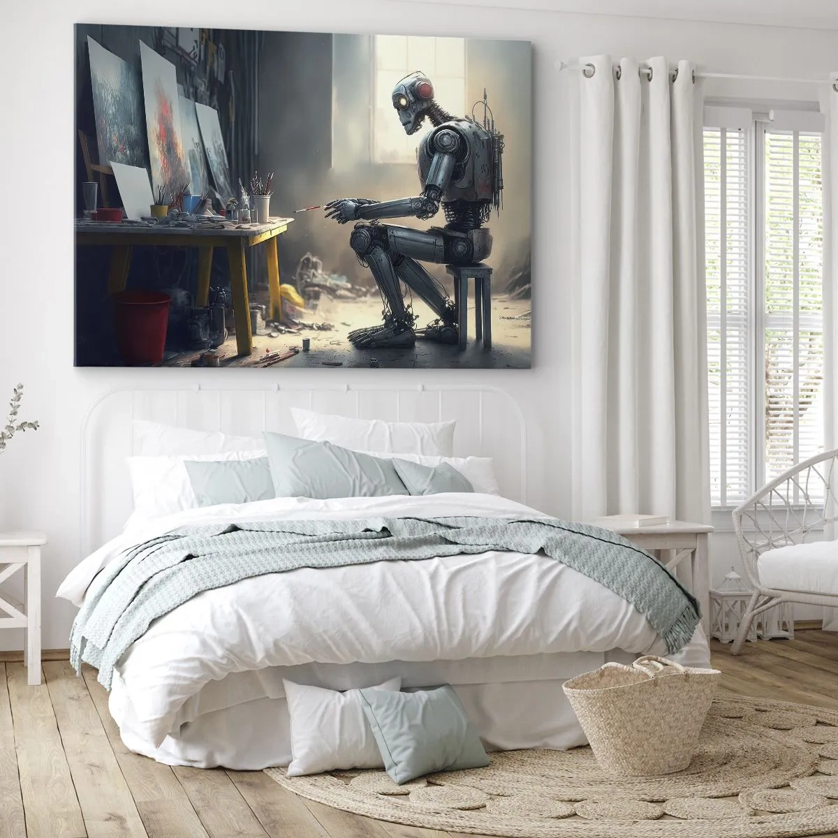 Canvastavla - Bild på duk - En robot som målar en bild i en konststudio - 70x50cm - Den skapande handlingen - Modern väggdekoration för vardagsrum och sovrum ARTTOR