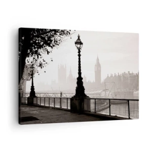 Canvastavla - Bild på duk - En monokromatisk vy av Big Ben och Themsen. - 70x50cm - Morgon i London - Modern väggdekoration för vardagsrum och sovrum ARTTOR
