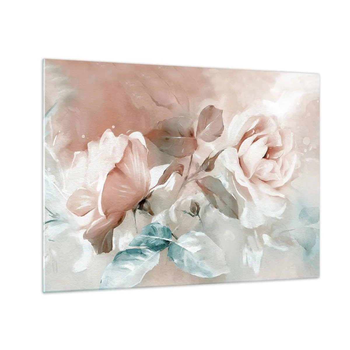 Glastavla - Bild på glas - Fina pastellfärgade akvarellrosor på en ljus bakgrund - 70x50cm - Romantikens anda - Modern väggdekoration för vardagsrum och sovrum ARTTOR