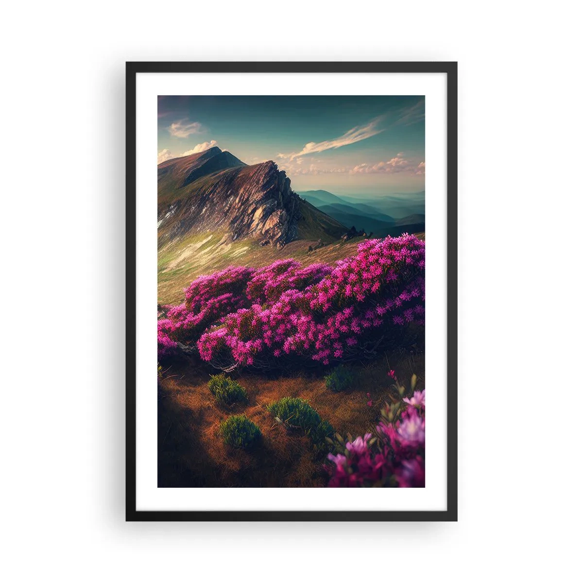 Affisch i svart ram - Berglandskap med blommande rhododendron - 50x70cm - Sommar i fjällen - Modern väggdekoration för vardagsrum och sovrum ARTTOR