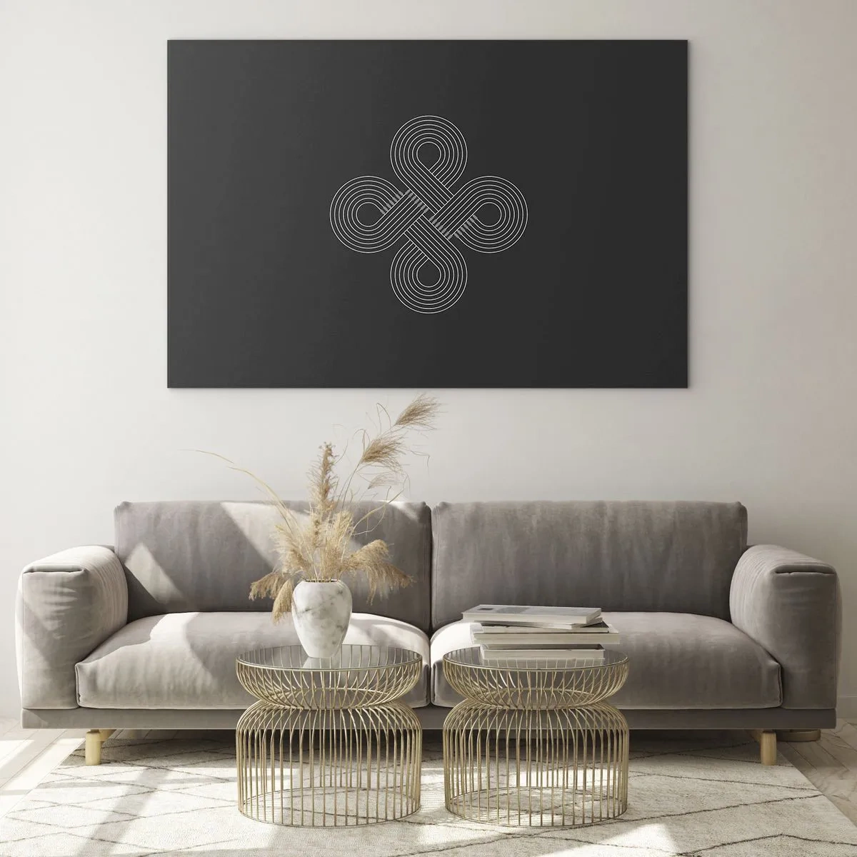 Glastavla - Bild på glas - Minimalistisk vit keltisk symbol på svart bakgrund - 70x50cm - I keltisk anda - Modern väggdekoration för vardagsrum och sovrum ARTTOR
