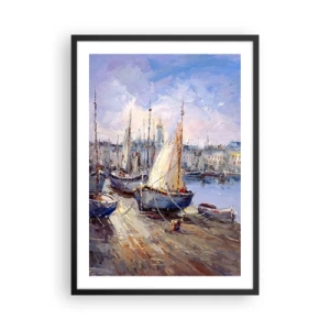Affisch i svart ram - Segelbåtar i en pittoresk hamn upplyst av solens strålar - 50x70cm - Stad vid viken - Modern väggdekoration för vardagsrum och sovrum ARTTOR