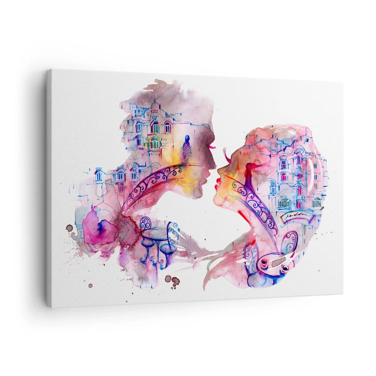 Canvastavla - Bild på duk - En romantisk akvarell som visar silhuetter av älskare - 70x50cm - Suckarnas hemliga bro - Modern väggdekoration för vardagsrum och sovrum ARTTOR