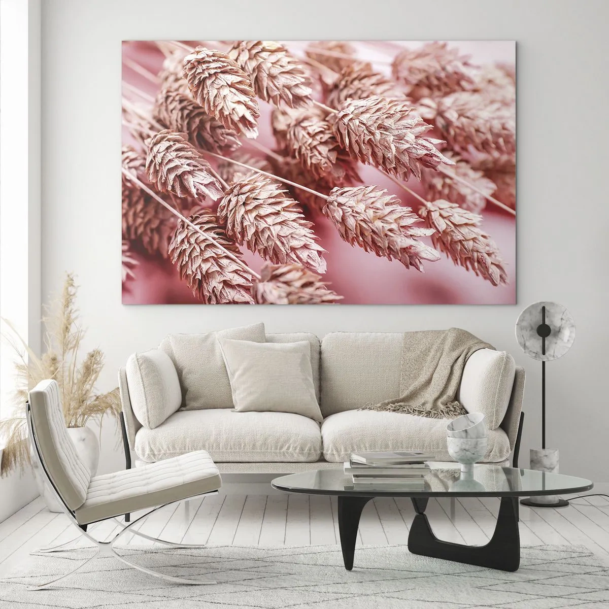Glastavla - Bild på glas - Torkade majskolvar i rosa nyanser mot pastellbakgrund - 70x50cm - Blomkaskad i rosa - Modern väggdekoration för vardagsrum och sovrum ARTTOR