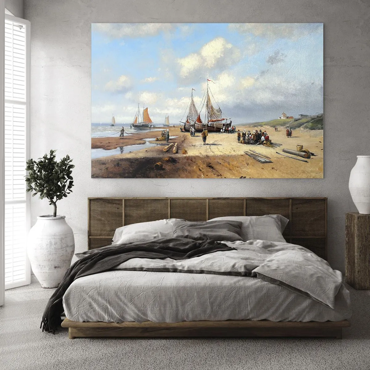 Glastavla - Bild på glas - Strandscen med fiskebåtar och människor som fiskar - 70x50cm - Efter en lyckad fångst - Modern väggdekoration för vardagsrum och sovrum ARTTOR
