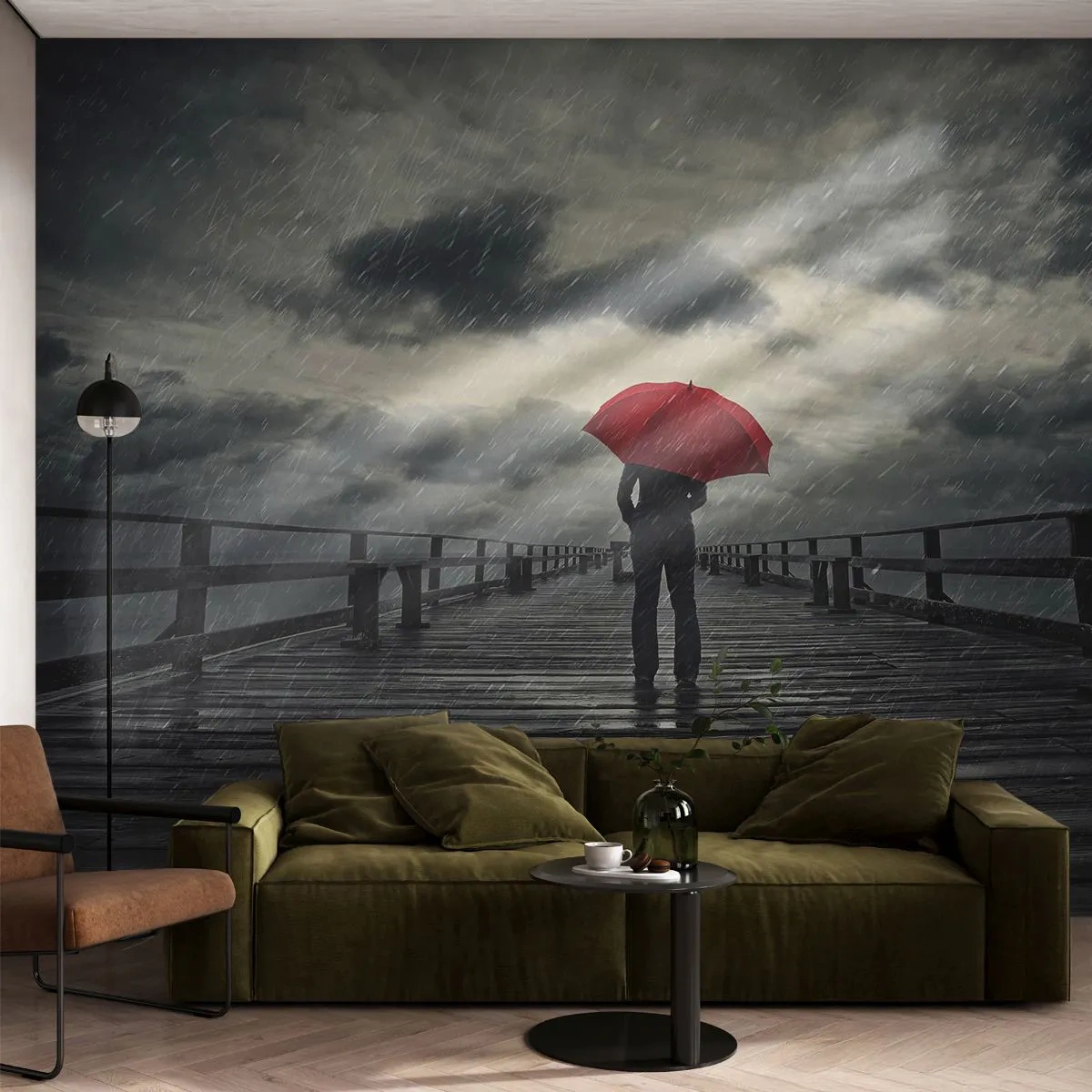 Fototapet Premium Sand - Det gör inget att det regnar - Träpir, Hav, Gå i regnet - 100x70 cm