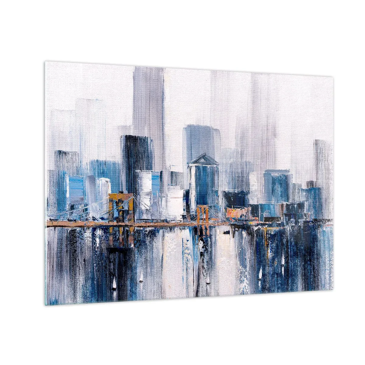 Glastavla - Bild på glas - Abstrakt stadspanorama med skyskrapor och en bro i svala färger - 70x50cm - New York-impression - Modern väggdekoration för vardagsrum och sovrum ARTTOR