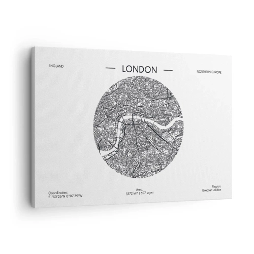Canvastavla - Bild på duk - En minimalistisk karta över London i svartvitt med exakta detaljer. - 70x50cm - Londons anatomi - Modern väggdekoration för vardagsrum och sovrum ARTTOR
