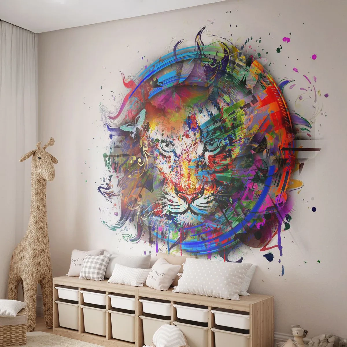 Fototapet Premium Canvas - Lurar bakom regnbågen - Abstraktion, Tiger, Grafik - 250x175 cm