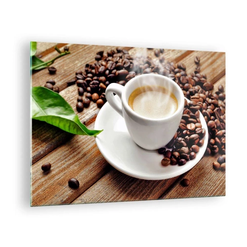 Glastavla - Bild på glas - En kopp kaffe omgiven av bönor på ett träbord - 70x50cm - Kaffe på bordet - Modern väggdekoration för vardagsrum och sovrum ARTTOR