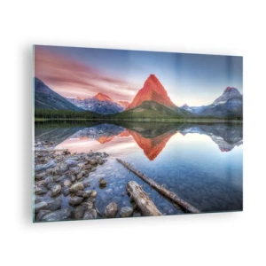 Glastavla - Bild på glas - En bergstopp reflekterad i en lugn sjö - 70x50cm - Glöd och kyla - Modern väggdekoration för vardagsrum och sovrum ARTTOR
