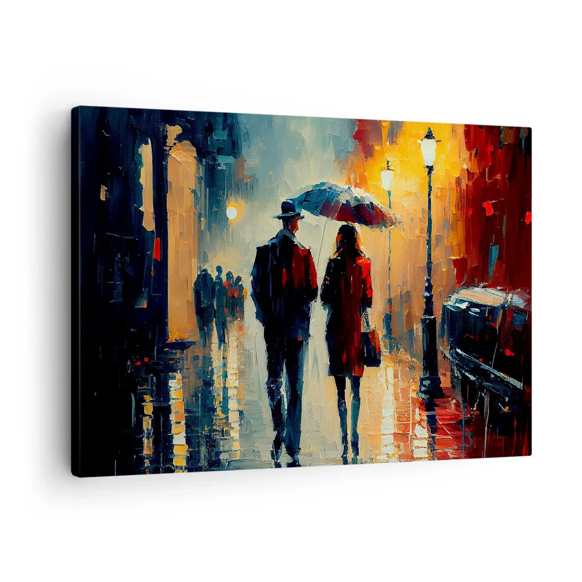 Canvastavla - Bild på duk - Promenader i regnet under ett paraply i staden på natten - 70x50cm - Kärlekshistoria på stan - Modern väggdekoration för vardagsrum och sovrum ARTTOR