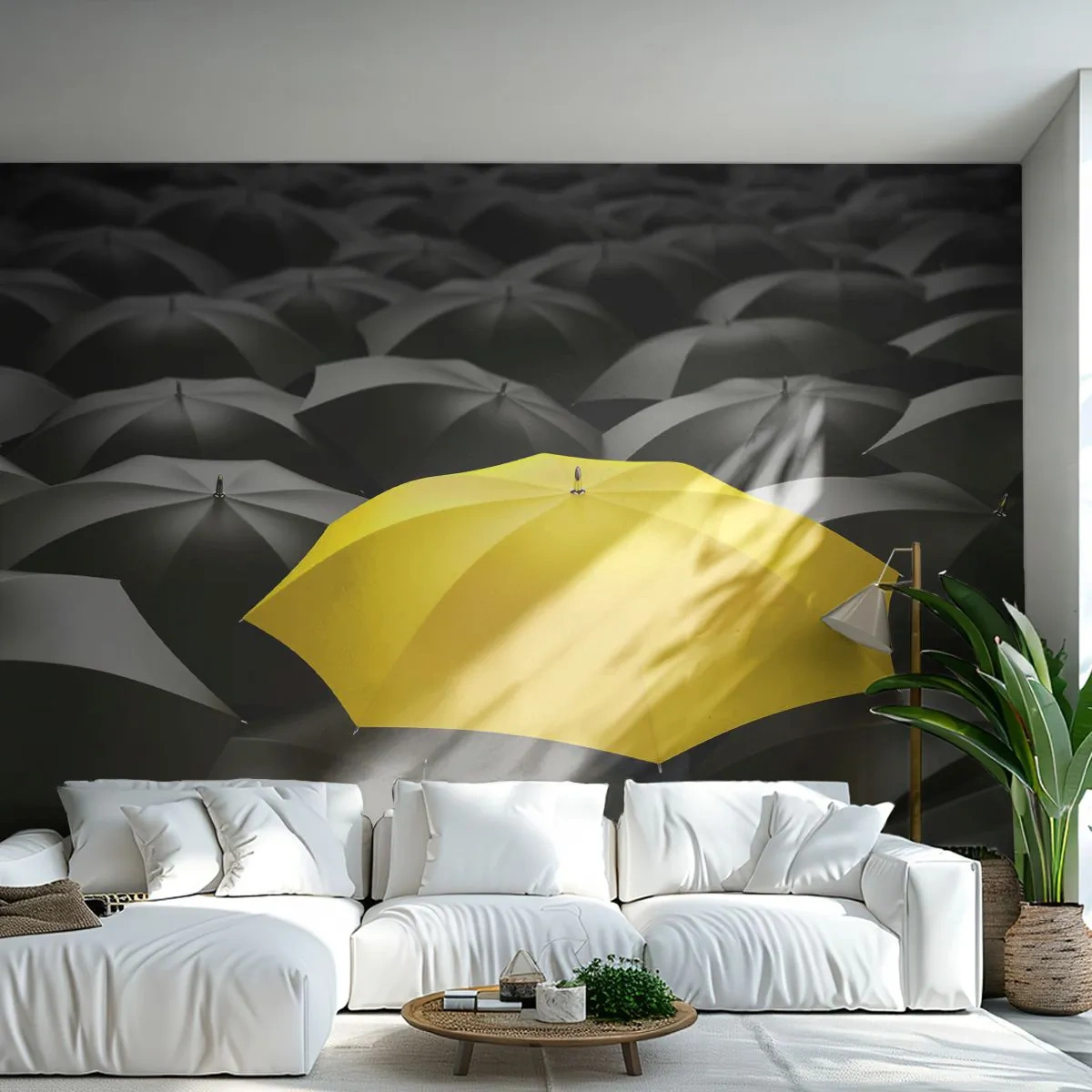 Självhäftande Fototapet Deluxe Sticker - Farväl sorgen - Gula paraplyer, Grafik, Begrepp - 250x175 cm