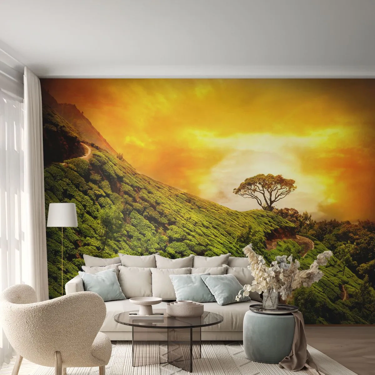 Fototapet Premium Sand - Genom slingrande stig, grön backe - Landskap, Teplantage, Indien - 100x70 cm