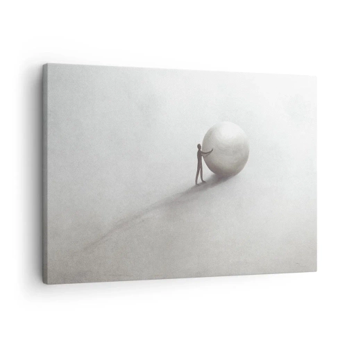 Canvastavla - Bild på duk - En minimalistisk figur med en boll mot en ljus, monokromatisk bakgrund. - 70x50cm - Livets spel - Modern väggdekoration för vardagsrum och sovrum ARTTOR
