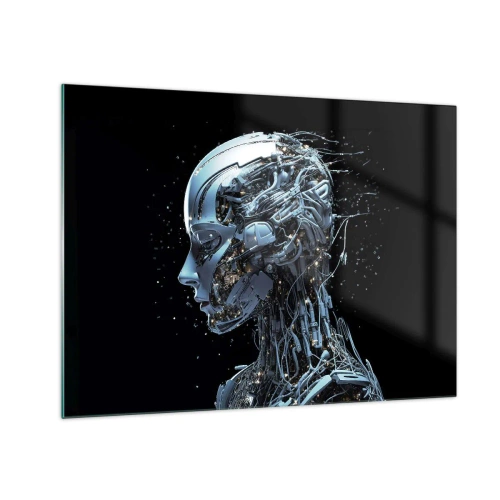 Glastavla - Bild på glas - Profil av en kvinnlig robot med sladdar och mekanismer - 70x50cm - Teknik är en kvinna - Modern väggdekoration för vardagsrum och sovrum ARTTOR