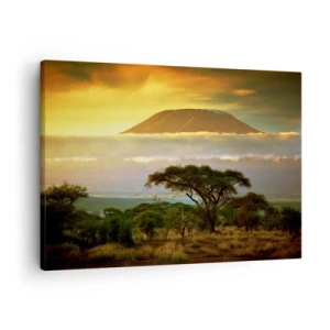 Canvastavla - Bild på duk - Afrikanskt landskap med Kilimanjaro vid soluppgången - 70x50cm - Resenärens dröm - Modern väggdekoration för vardagsrum och sovrum ARTTOR