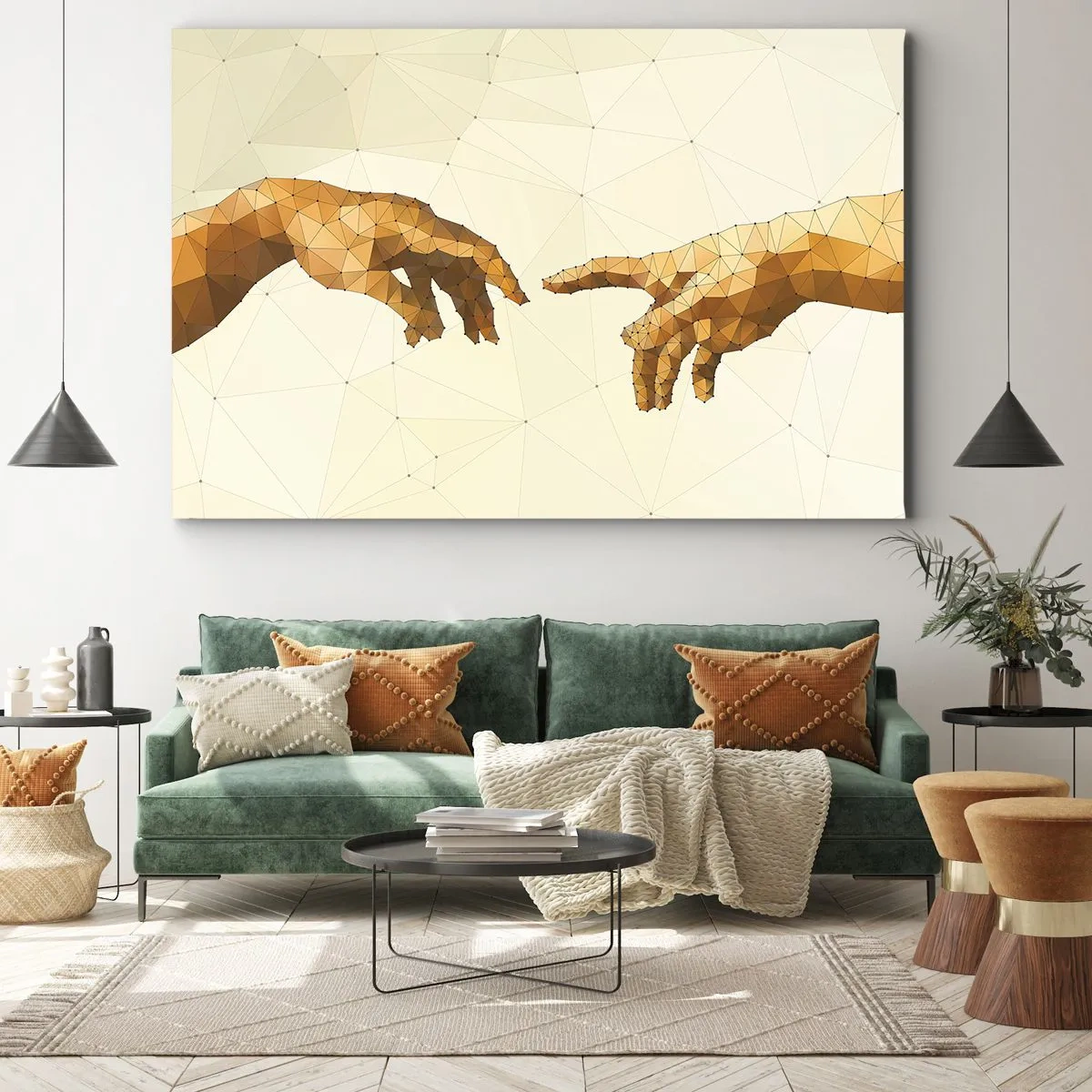 Canvastavla - Bild på duk - Geometriska händer som sträcker ut mot varandra mot en ljus bakgrund - 70x50cm - Gudomlig geometri - Modern väggdekoration för vardagsrum och sovrum ARTTOR