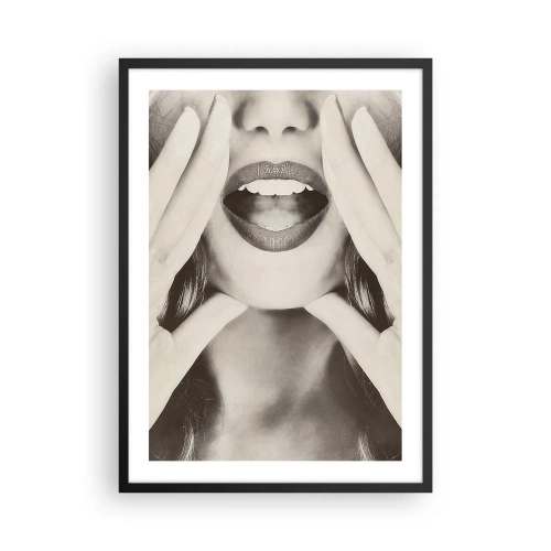 Affisch i svart ram - Konstnärlig närbild av läppar i monokrom stil - 50x70cm - Jag kommer! - Modern väggdekoration för vardagsrum och sovrum ARTTOR