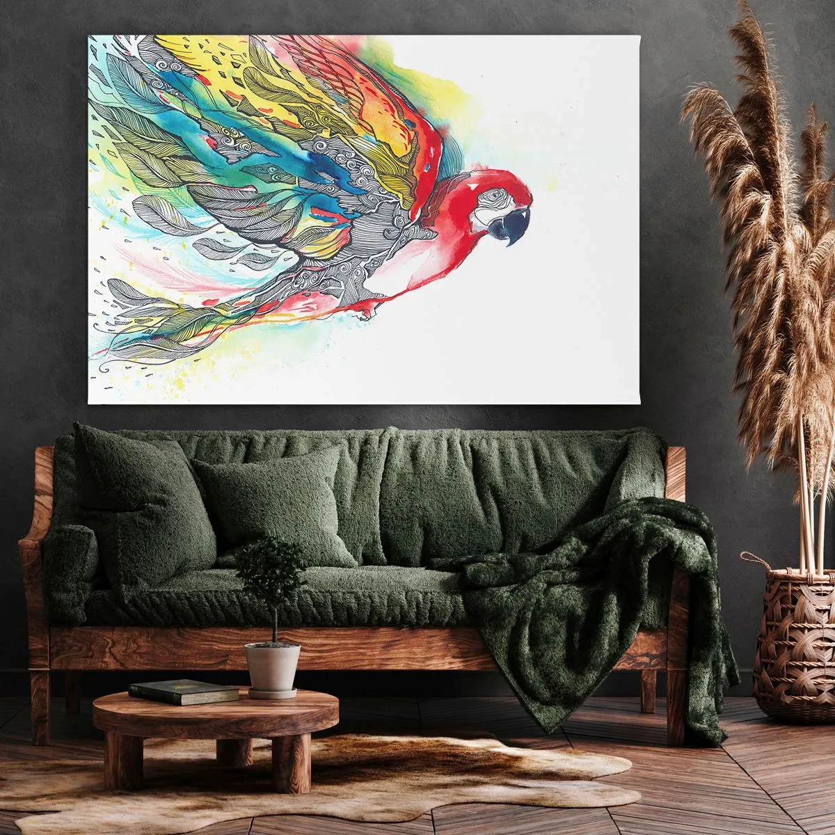 Canvastavla - Bild på duk - En färgglad papegoja i flykt med abstrakta mönster på sina vingar. - 70x50cm - Lev färgglatt - Modern väggdekoration för vardagsrum och sovrum ARTTOR
