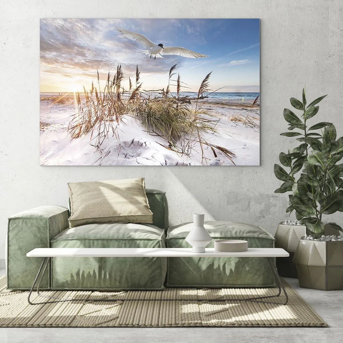 Glastavla - Bild på glas - En fågel som flyger över sanddynerna vid solnedgången - 70x50cm - Vind från havet - Modern väggdekoration för vardagsrum och sovrum ARTTOR