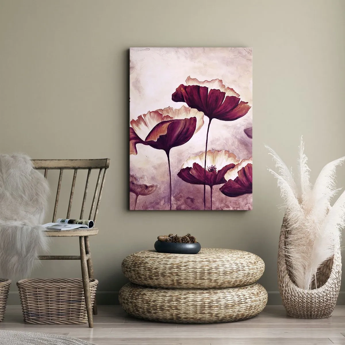 Canvastavla - Bild på duk - Röd och vit flinga - 65x120 cm