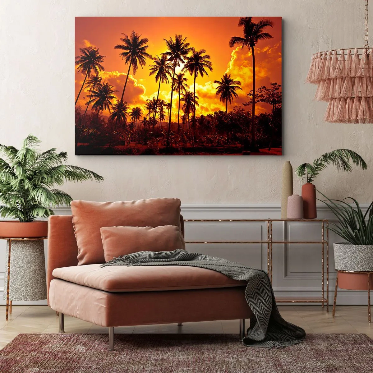 Canvastavla - Bild på duk - Palmer mot en gyllene himmel under en tropisk solnedgång - 70x50cm - Fjällen brinner, skogen brinner - Modern väggdekoration för vardagsrum och sovrum ARTTOR
