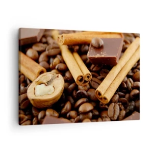 Canvastavla - Bild på duk - Kaffebönor med kanelstänger, choklad och valnöt. - 70x50cm - Aromkonsert - Modern väggdekoration för vardagsrum och sovrum ARTTOR