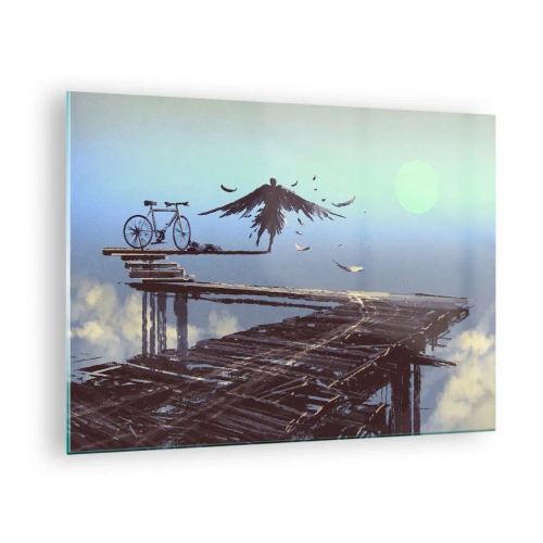 Glastavla - Bild på glas - En figur med en cykel på en träbro ovanför molnen - 70x50cm - Ikaros lever än - Modern väggdekoration för vardagsrum och sovrum ARTTOR