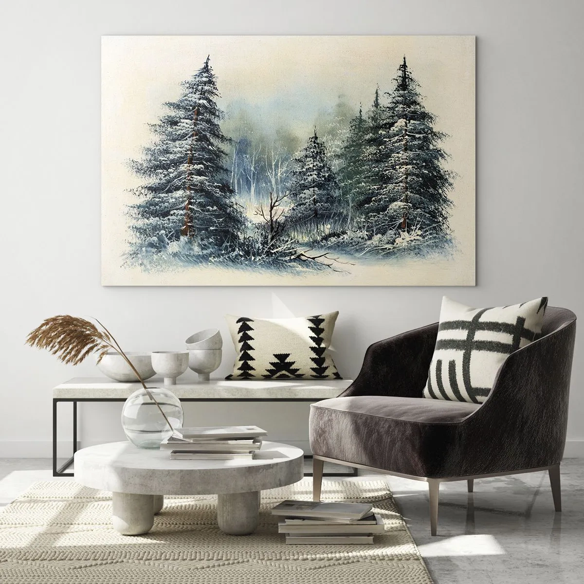 Glastavla - Bild på glas - Vinterskog med snötäckta träd mot himlen - 70x50cm - Redo för Julen - Modern väggdekoration för vardagsrum och sovrum ARTTOR