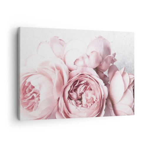 Canvastavla - Bild på duk - Rosa pioner i mjukt ljus mot en ljus bakgrund - 70x50cm - För romantikerna - Modern väggdekoration för vardagsrum och sovrum ARTTOR