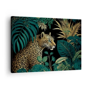 Canvastavla - Bild på duk - Leopard i tropiska löv på svart bakgrund - 70x50cm - Värden i djungeln - Modern väggdekoration för vardagsrum och sovrum ARTTOR