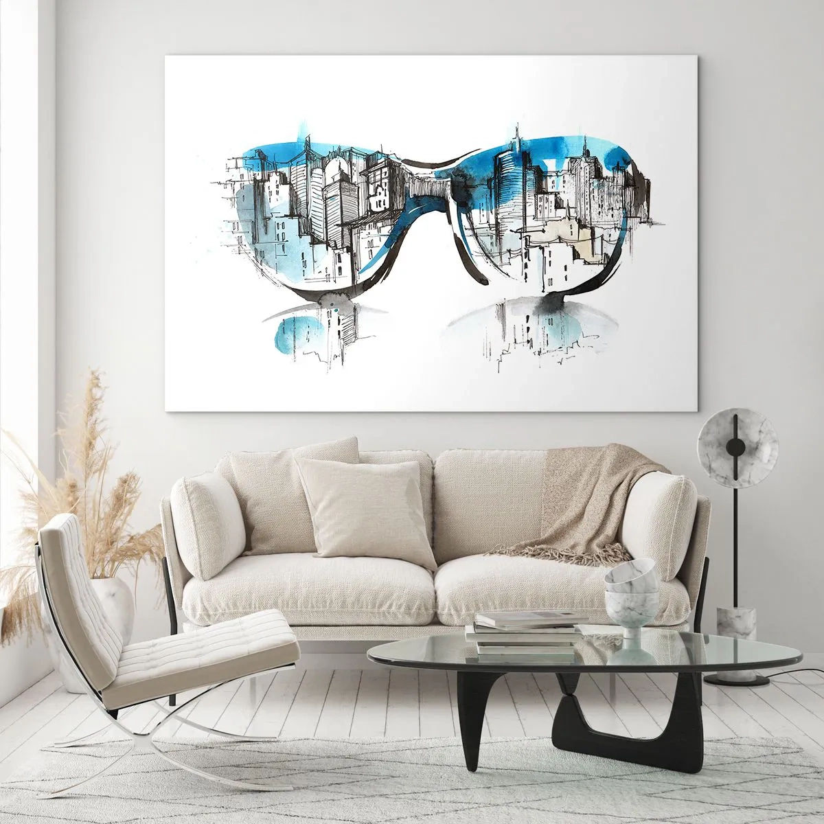 Glastavla - Bild på glas - Stadspanoramat speglas i solglasögon - 70x50cm - Storstadsstil - Modern väggdekoration för vardagsrum och sovrum ARTTOR