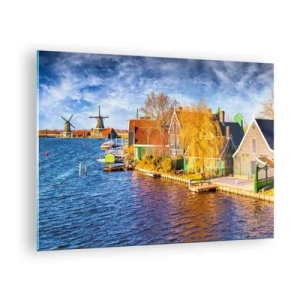 Glastavla - Bild på glas - Pittoreska holländska hus vid vattnet med väderkvarnar - 70x50cm - Ingen ändring sedan århundraden - Modern väggdekoration för vardagsrum och sovrum ARTTOR