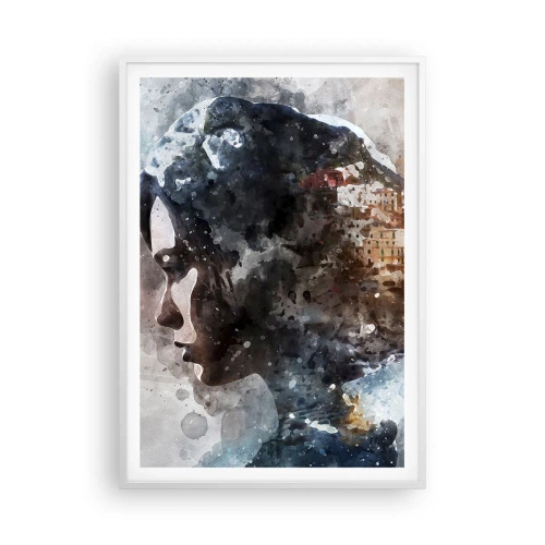 Affisch i vit ram - Berättelse om en tjej med en stad i bakgrunden - 70x100 cm