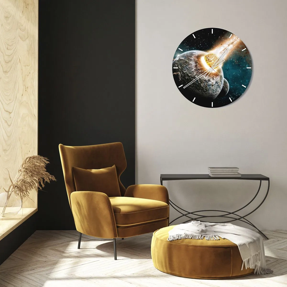 Väggklocka - Klocka på glas - Jorden och meteoriten i kosmisk explosion - 30x30cm - Förödelse eller födsel? - Modern väggdekoration för vardagsrum, kök och sovrum ARTTOR