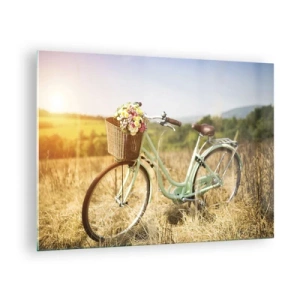 Glastavla - Bild på glas - Retro cykel med blommor mot en naturlig bakgrund - 70x50cm - Jag stannar här en stund - Modern väggdekoration för vardagsrum och sovrum ARTTOR