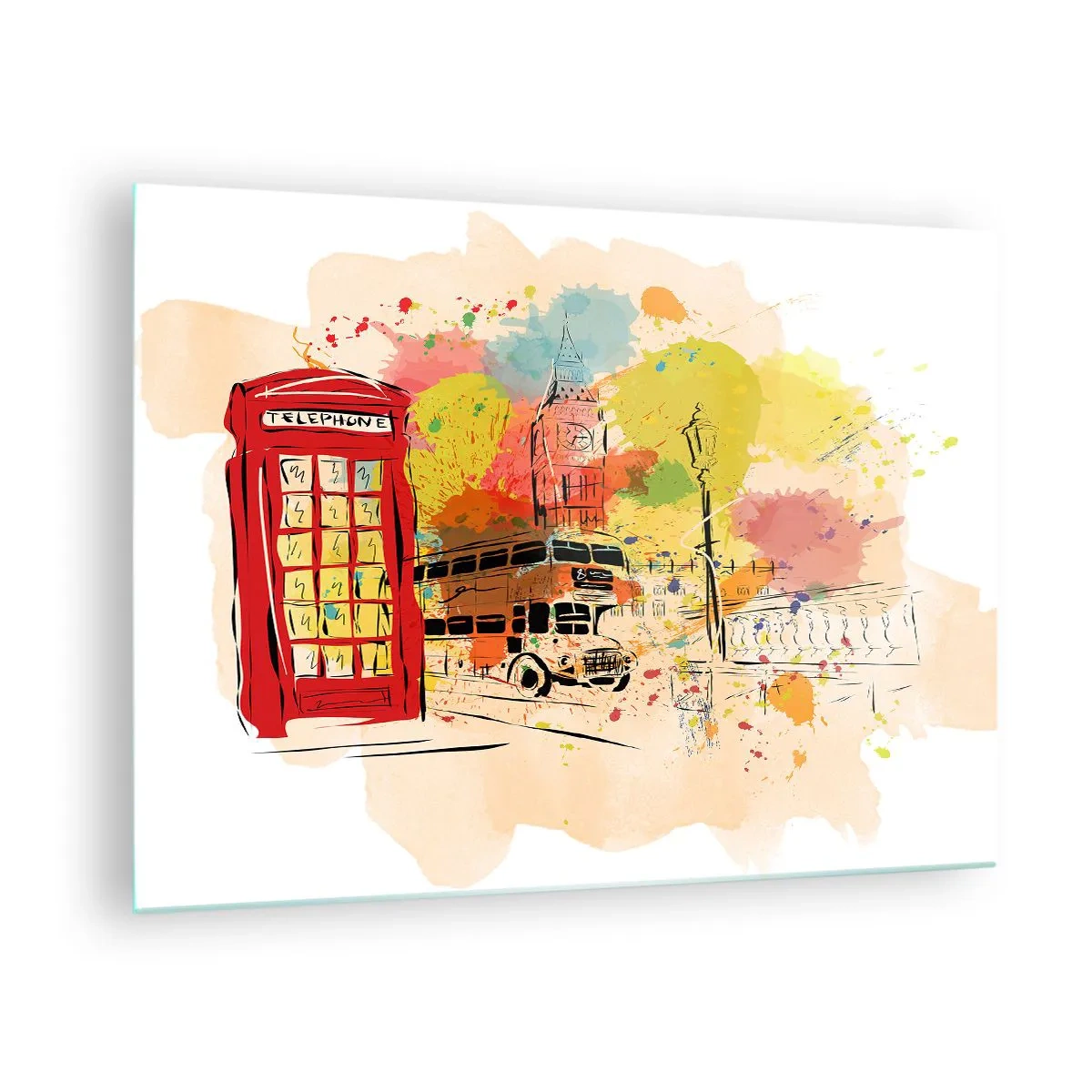 Glastavla - Bild på glas - En röd telefonkiosk, en dubbeldäckare och Big Ben - 70x50cm - Mångfaldens stad - Modern väggdekoration för vardagsrum och sovrum ARTTOR